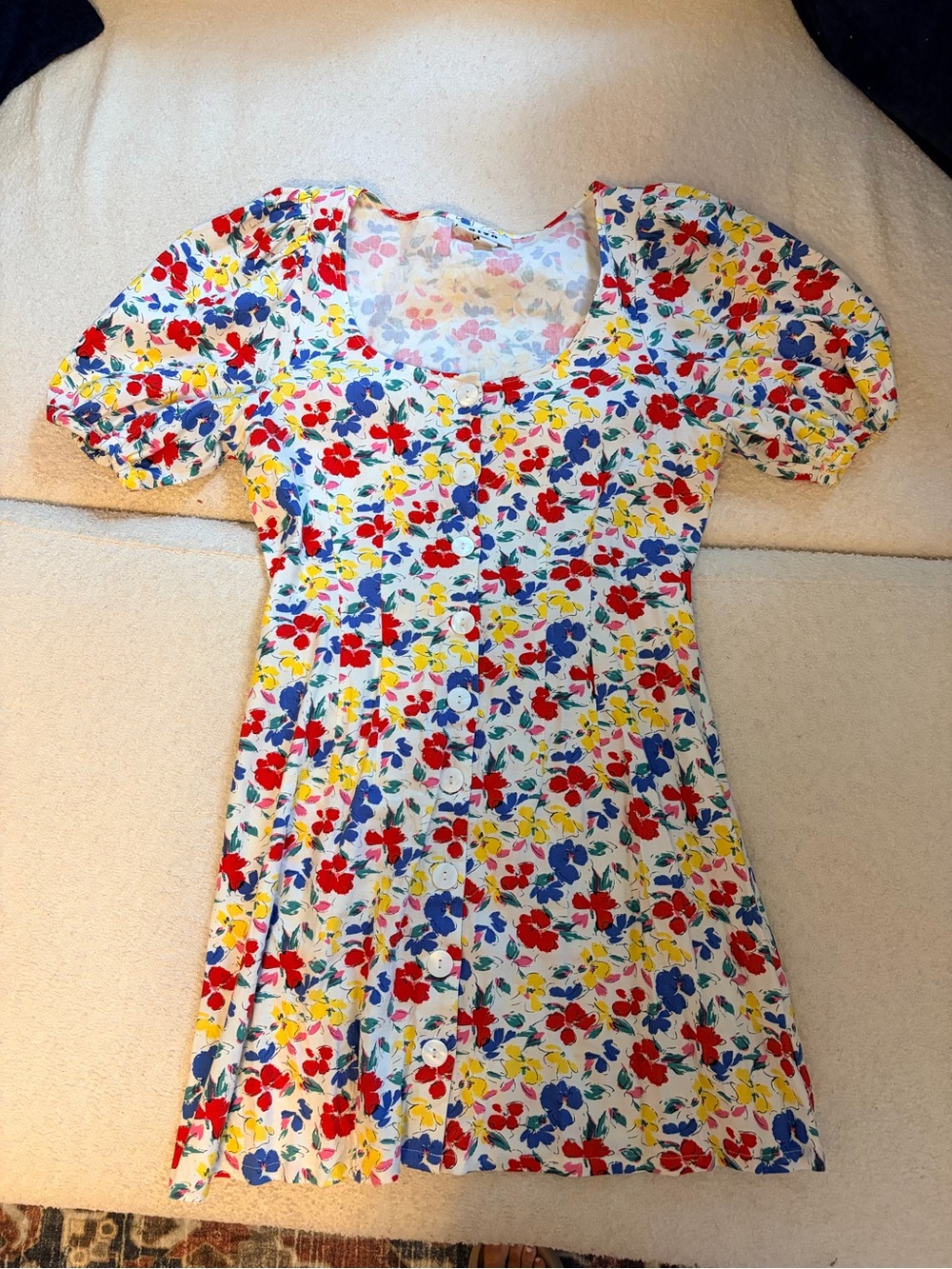 RIXO White Floral Scoop-Neck Mini Dress with Red, Blue & Yellow Blooms